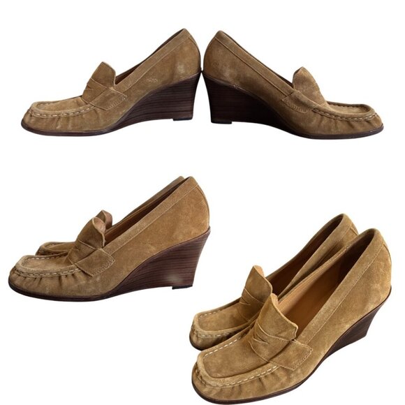Y2K VINTAGE MICHAEL KORS TAN SUEDE THICK STITCH PENNY LOAFER WEDGE HEELS 8.5 - Picture 3 of 5
